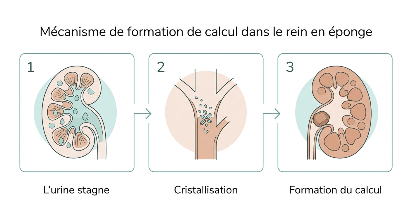 Trois étapes de la formation d’un calcul dans le rein en éponge médullaire