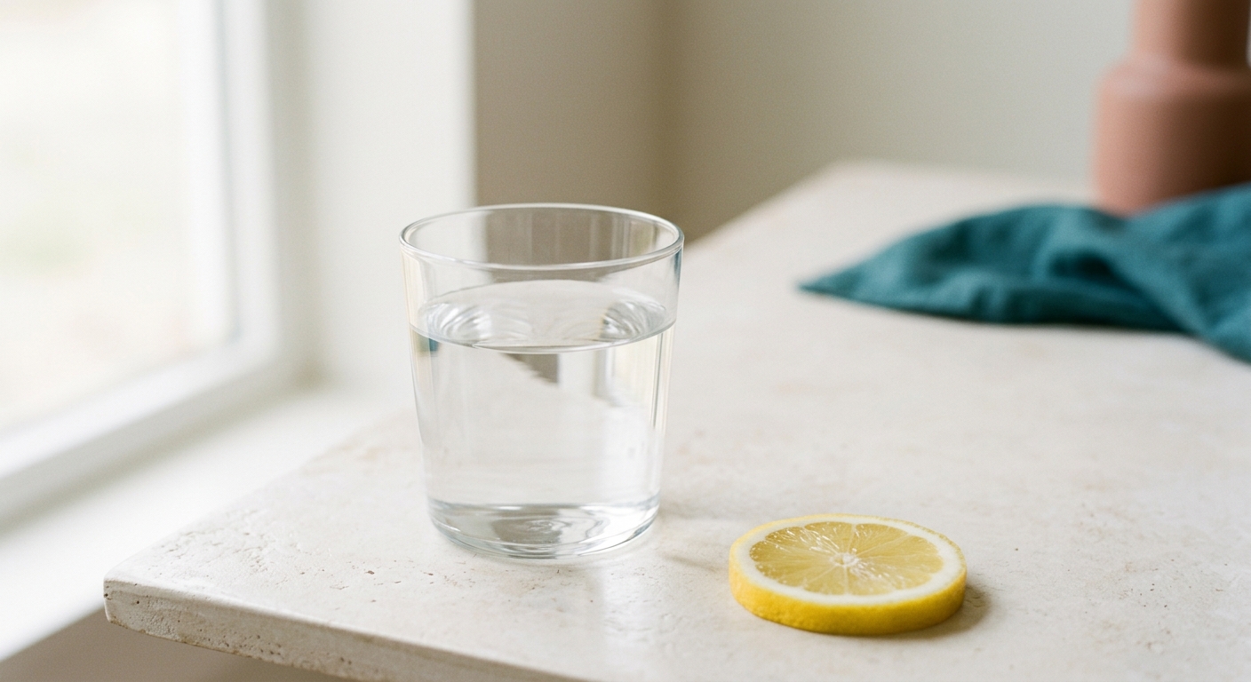 Un verre d’eau et un citron, lumière douce